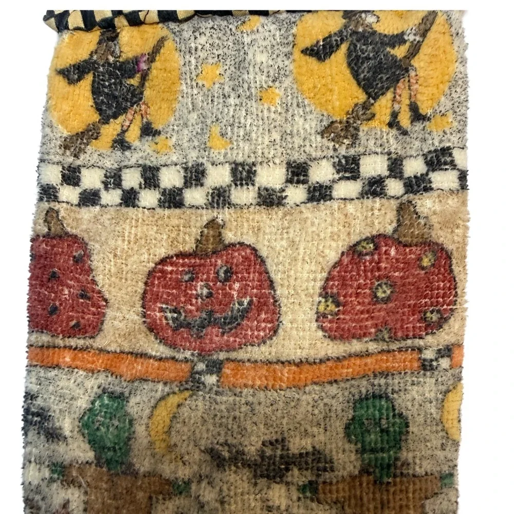 Halloween Fall Hanging Kitchen Towel Quilted Checker Tie Top Witch Pumpkin VTG